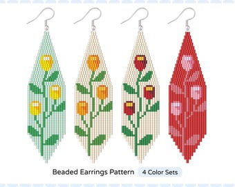 Flower Beaded Earring Pattern: Brick Stitch Fringe, Miyuki Delica Seed Bead (PDF)