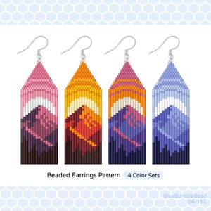 May include: Four beaded earrings with mountain landscape designs in pink, orange, purple, and blue color schemes. Each earring features a silver hook. The text "Beaded Earrings Pattern 4 Color Sets" is below the earrings.