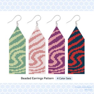 May include: Four beaded earring patterns in green, pink, purple, and blue with a white swirl design. The text "Beaded Earrings Pattern 4 Color Sets" is below the earrings.