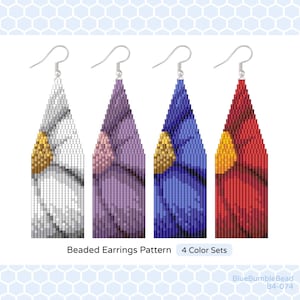 May include: Four beaded earring patterns in white, purple, blue, and red. Each pattern features a flower design with a yellow center. The text "Beaded Earrings Pattern 4 Color Sets" is below the earrings.
