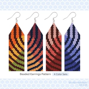Könnte beinhalten: Perlenohrring-Muster mit vier Farbsets: Orange, Rot, Rosa und Blau. Das Muster zeigt ein gestreiftes Design mit schwarzen und weißen Akzenten. Die Ohrringe sind aus Perlen gefertigt und etwa 5 cm lang. Das Bild enthält den Text "Beaded Earrings Pattern 4 Color Sets" und "BlueBumbleBead B4-035".