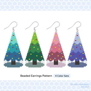 May include: Four pairs of beaded Christmas tree earrings in blue, green, pink, and purple. Each earring is a triangle shape with a beaded tree design and a silver hook.