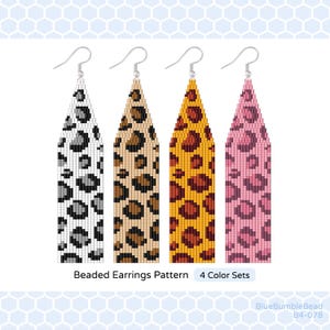 May include: Four beaded earring patterns in different color combinations. The patterns are all leopard print, with colors including black, white, brown, beige, yellow, orange, and pink.