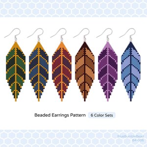 May include: Six pairs of beaded earrings in different color combinations. Each earring is shaped like a feather with a pointed tip and a rounded base. The colors include green, blue, purple, brown, orange, and yellow.
