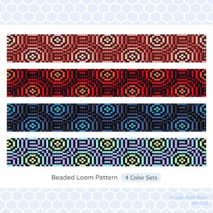 May include: Four beaded loom patterns with different color combinations. The patterns feature a repeating geometric design with circles and squares. The colors are red, orange, blue, and green.