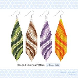 May include: Four beaded earrings patterns in green, brown, purple, and orange. Each earring has a unique color scheme with a wavy pattern. The text "Beaded Earrings Pattern" and "4 Color Sets" is displayed below the earrings.