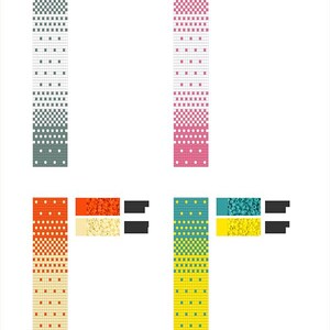 Op de afbeelding: Miyuki Delica Kleurenversie - BlueBumbleBead - B4-805. Chart #A 08-2313. Vier kralenpatronen met kleurstalen. De patronen zijn gemaakt met grijze, witte, roze, oranje, gele en turquoise kralen.