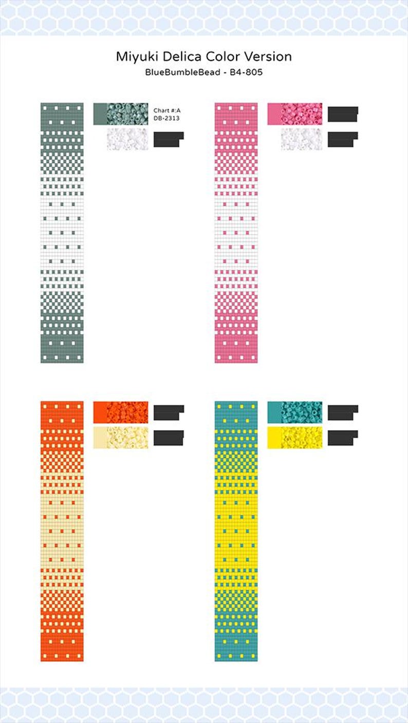 Op de afbeelding: Miyuki Delica Kleurenversie - BlueBumbleBead - B4-805. Chart #A 08-2313. Vier kralenpatronen met kleurstalen. De patronen zijn gemaakt met grijze, witte, roze, oranje, gele en turquoise kralen.