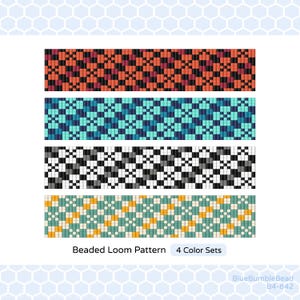 May include: Four beaded loom patterns in various colour schemes. The patterns include orange and black, teal and blue, black and white, and green and yellow. The text "Beaded Loom Pattern 4 Color Sets" is at the bottom.