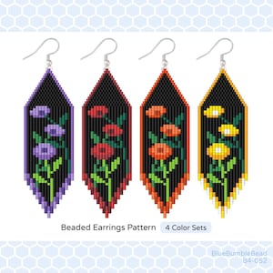 Könnte beinhalten: Vier Paar Perlenohrringe mit Blumenmuster. Die Ohrringe sind in Lila, Rot, Orange und Gelb.