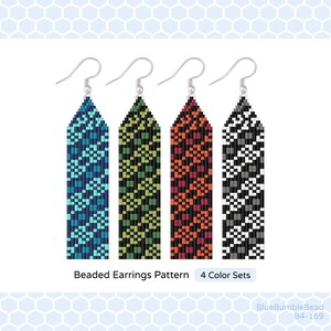 May include: Four beaded earrings patterns in blue, green, red, and black and white. Each earring has a geometric design and a silver hook. The text "Beaded Earrings Pattern 4 Color Sets" is below the earrings.
