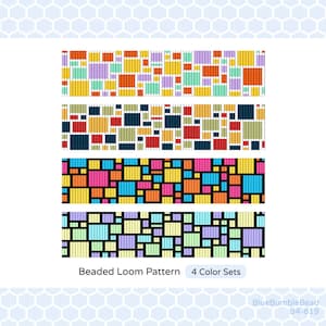 Puede incluir: Cuatro patrones de telar de cuentas con diferentes combinaciones de colores. Los patrones están hechos con cuentas cuadradas de colores y cuentas negras. El texto "Beaded Loom Pattern 4 Color Sets" está en la parte inferior de la imagen.