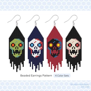 May include: Four beaded earrings with skull designs in black, navy, red, and black. Each earring features a different color skull with pixelated details. The text "Beaded Earrings Pattern" and "4 Color Sets" are visible.