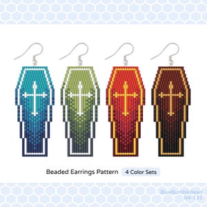 May include: Four beaded coffin-shaped earrings in blue, green, red, and brown, each with a white or gold cross design. The earrings have silver hooks. The text "Beaded Earrings Pattern" and "4 Color Sets" is below the earrings.
