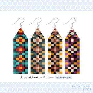 May include: Four beaded earring patterns with different color combinations. The patterns are geometric and feature a checkerboard design with black, white, yellow, red, pink, purple, and blue beads. The earrings are labeled "Beaded Earrings Pattern 4 Color Sets".