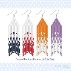 May include: Four sets of beaded earrings in white, red, orange, and purple. Each earring has a gradient pattern with white at the top and a darker color at the bottom. The earrings are hanging from silver hooks. The text "Beaded Earrings Pattern 4 Color Sets" is below the earrings.