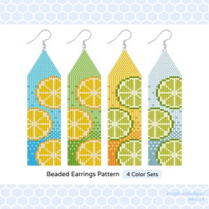 May include: Four beaded earring patterns featuring lemon and lime slices in blue, green, yellow, and light blue colors. The text "Beaded Earrings Pattern 4 Color Sets" is at the bottom of the image.