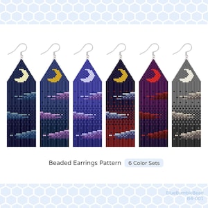 May include: Six beaded earring patterns with a crescent moon and clouds design. The patterns are in different color combinations: blue, purple, red, gray, and white.