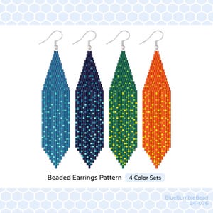 May include: Beaded earrings pattern with four color sets: teal, navy blue, green, and orange. The earrings are long and narrow, with a graduated pattern of beads. The text "Beaded Earrings Pattern 4 Color Sets" is at the bottom of the image.
