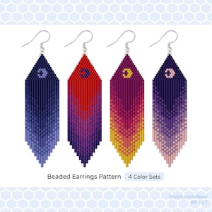 May include: Four pairs of beaded earrings in different color combinations. Each pair features a crescent moon design and a gradient of colors. The earrings are labeled "Beaded Earrings Pattern 4 Color Sets".