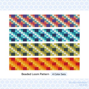 May include: Four beaded loom patterns in various colours. The patterns include red, orange, yellow, blue, and green. The text at the bottom reads "Beaded Loom Pattern 4 Color Sets."
