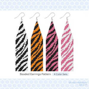 May include: Four sets of beaded earrings in black and white, orange and black, pink and black, and pink and white. The earrings are long and feature a zebra stripe pattern. The image includes the text "Beaded Earrings Pattern 4 Color Sets".