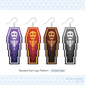 May include: Four beaded coffin earrings in purple, red, brown, and gray, each with a skull and crossbones design. The earrings are shown with silver hooks. The text "Beaded Earrings Pattern" and "4 Color Sets" is below the earrings.