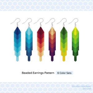 May include: Six pairs of beaded earrings in different color combinations. The earrings are long and narrow, with a gradient of colors from top to bottom. The colors include blue, teal, red, orange, purple, green, and yellow. The earrings are labeled "Beaded Earrings Pattern 6 Color Sets".