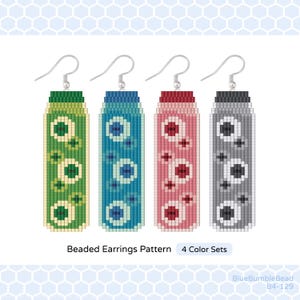 May include: Four beaded earrings in green, blue, pink, and gray, each with a unique pattern. The earrings are rectangular with silver hooks. The image includes the text "Beaded Earrings Pattern" and "4 Color Sets".