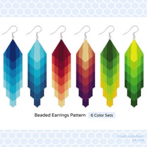 May include: Six pairs of beaded earrings in different color combinations. The earrings are long and narrow, with a chevron pattern. The colors include blue, green, yellow, red, orange, and purple.