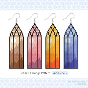 May include: Beaded earrings pattern with four colour sets: brown, pink, orange, and blue. The pattern features a stained glass window design.