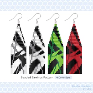 May include: Beaded earrings pattern with four color sets: black and white, black and gray, black and green, and black and red. The pattern is a geometric design with a chevron pattern.