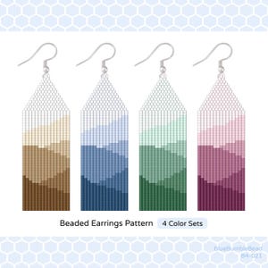 May include: Four beaded earring patterns in brown, blue, green, and pink. Each earring features a landscape design with a silver hook. The text reads "Beaded Earrings Pattern 4 Color Sets."