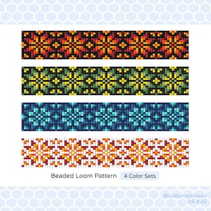 Könnte beinhalten: Vier Perlenwebmuster mit verschiedenen Farbkombinationen. Die Muster zeigen ein sich wiederholendes geometrisches Design mit einem Sternburst-Motiv. Die Farben umfassen Rot, Orange, Gelb, Grün, Blau und Weiß.