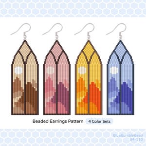 May include: Four pairs of beaded earrings with a stained glass window design. Each pair features a different color scheme: brown, pink, orange, and blue. The earrings are labeled "Beaded Earrings Pattern 4 Color Sets".