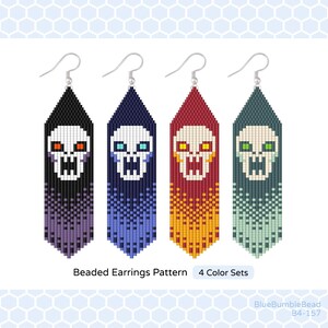 May include: Four beaded earrings with skull designs in black, navy, red, and teal. Each earring features a white skull with colored eyes and a fringe of matching beads. The text "Beaded Earrings Pattern" and "4 Color Sets" are also visible.