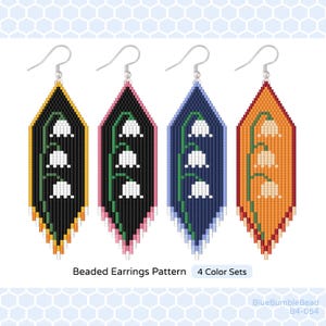 May include: Four pairs of beaded earrings with a lily of the valley design. The earrings are in black, pink, blue, and orange.