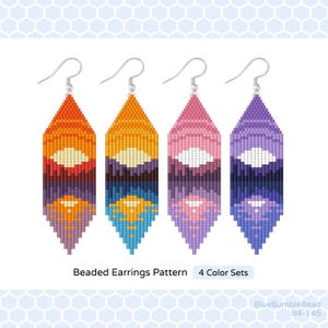 May include: Four beaded earrings patterns in vibrant colors: orange, yellow, pink, and purple. Each earring features a geometric design with a white cloud-like shape and a mountain-like pattern. The text "Beaded Earrings Pattern 4 Color Sets" is displayed below.