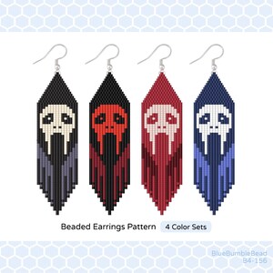 May include: Four beaded earrings patterns in black, red, and blue, each featuring a skull design. The earrings have a long, rectangular shape with a fringe at the bottom. The text "Beaded Earrings Pattern" and "4 Color Sets" are visible.