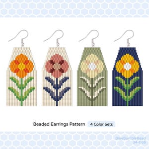 May include: Four pairs of beaded earrings with flower designs. The earrings are in four different color combinations: orange, pink, yellow, and cream; green, cream, and white; and blue, cream, and yellow. The earrings are labeled "Beaded Earrings Pattern 4 Color Sets".