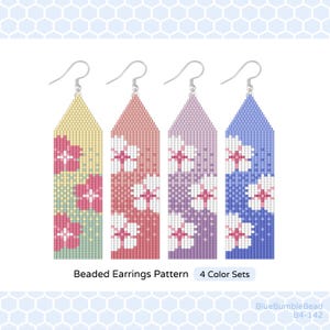 May include: Four beaded earrings in a row, each with a different color scheme: yellow, coral, lavender, and blue. Each earring features a floral design in white and pink. The text "Beaded Earrings Pattern 4 Color Sets" is below the earrings.