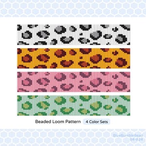 May include: Four beaded loom patterns with animal print designs. The patterns are in black and white, orange and brown, pink and purple, and green and blue.
