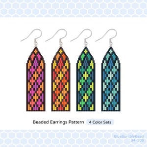 May include: Four beaded earring patterns in different color sets: pink, orange, green, and blue. Each pattern features a stained glass design with a pointed top and a black outline. The text "Beaded Earrings Pattern 4 Color Sets" is below the earrings. The text "BlueBumbleBead B4-108" is at the bottom of the image.