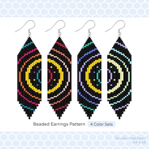 May include: Four beaded earrings with a black background and colorful concentric circle designs. Each earring has a different color scheme, including yellow, pink, blue, and green. The text "Beaded Earrings Pattern 4 Color Sets" is at the bottom.