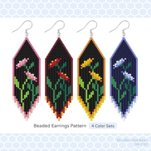 May include: Four pairs of beaded earrings with a floral design. The earrings are in pink, red, yellow, and blue.