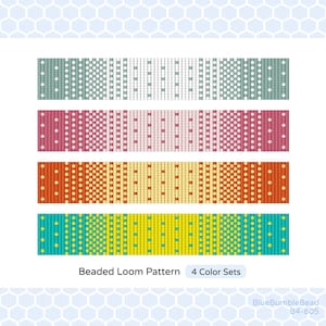 May include: Beaded loom pattern with four color sets. The pattern is made up of small squares in different colors, including teal, pink, yellow, and orange. The pattern is labeled "Beaded Loom Pattern 4 Color Sets".