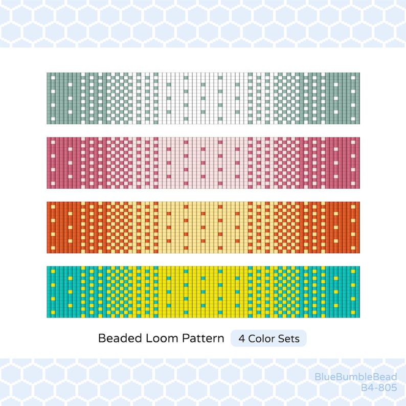 Op de afbeelding: Geweven kralenpatroon met vier kleurenschema's. Het patroon bestaat uit kleine vierkanten in verschillende kleuren, waaronder turquoise, roze, geel en oranje. Het patroon is gelabeld met "Geweven kralenpatroon 4 kleurenschema's".