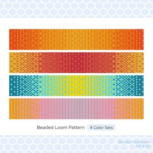 May include: Four beaded loom patterns with color gradients. The patterns are a mix of red, orange, yellow, blue, green, pink, and white. The text "Beaded Loom Pattern 4 Color Sets" is at the bottom of the image.