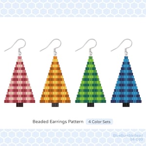 May include: Four sets of beaded Christmas tree earrings in pink, orange, green, and blue. Beaded Earrings Pattern 4 Colour Sets. BlueBumbleBead B4-099.