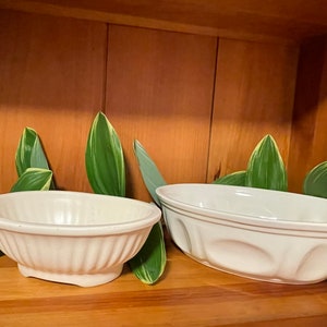 Op de afbeelding: Twee witte keramische kommen, een ovale en een ronde, met een geribbelde textuur. De kommen staan op een houten plank met groene bladeren.